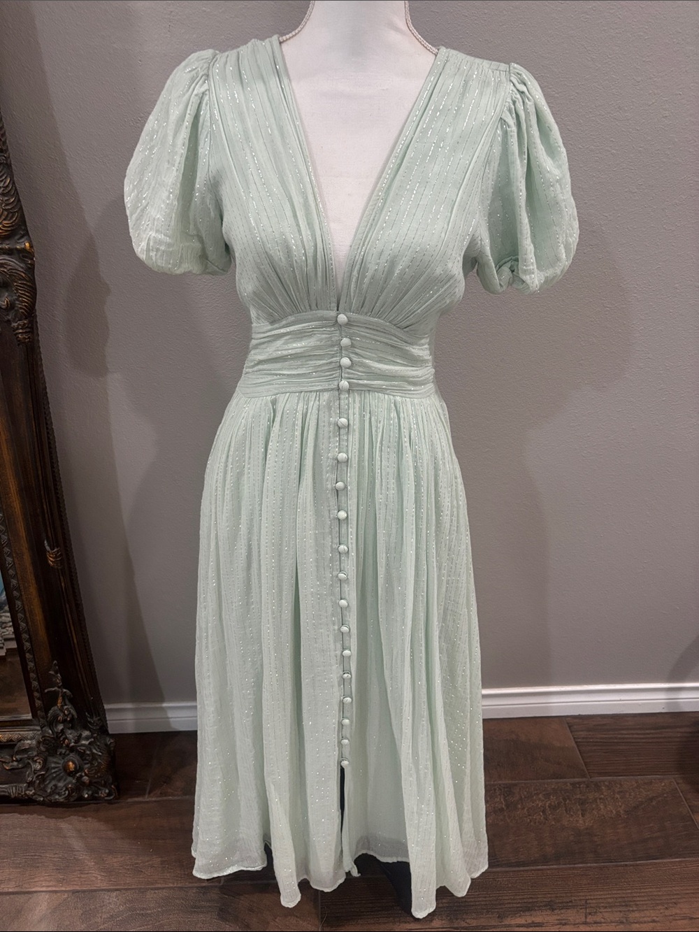 Anthropologie Mint Puff-Sleeve Midi Dress with Covered Buttons